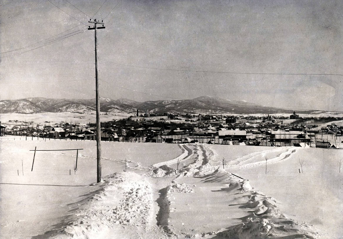 Panoramic view from campus of Moscow, Idaho. Snow scene.