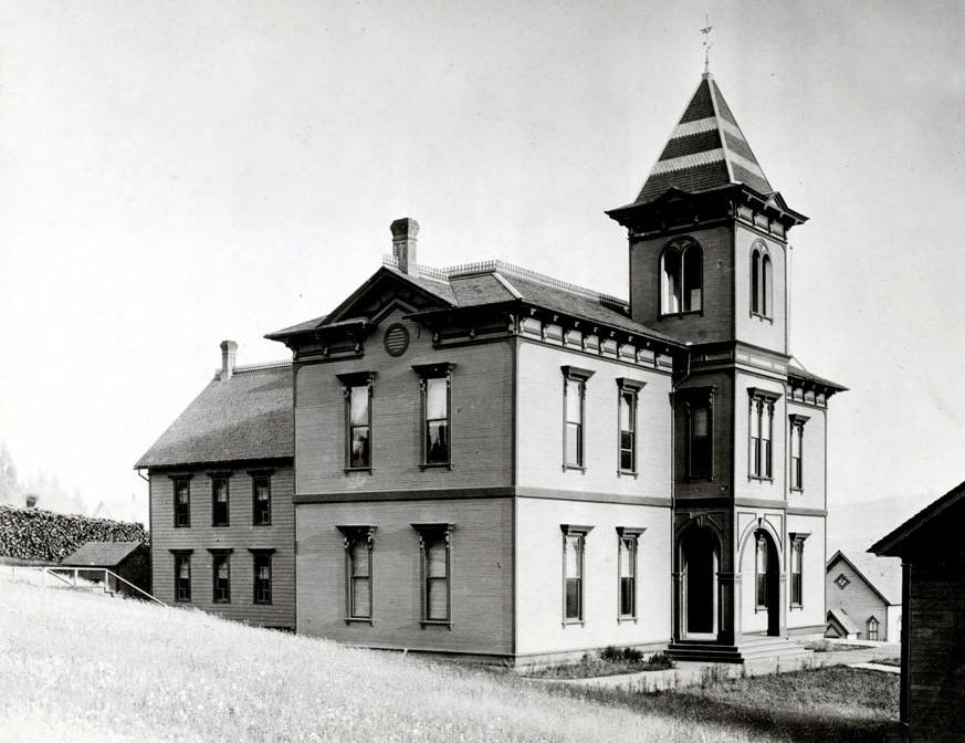 Exterior view of Russell School (1884-1912) after the annex was built in 1888. Moscow, Idaho..