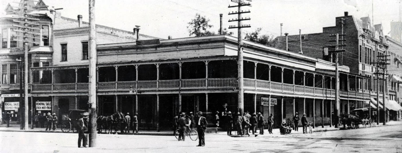 Overland Hotel (1863-1903) on corner of 8th and Main Streets. Boise, Idaho.