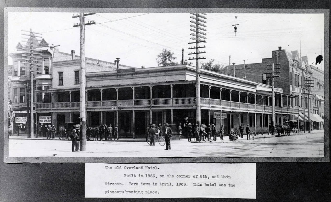 Overland Hotel (1863-1903) on corner of 8th and Main Streets. Boise, Idaho.