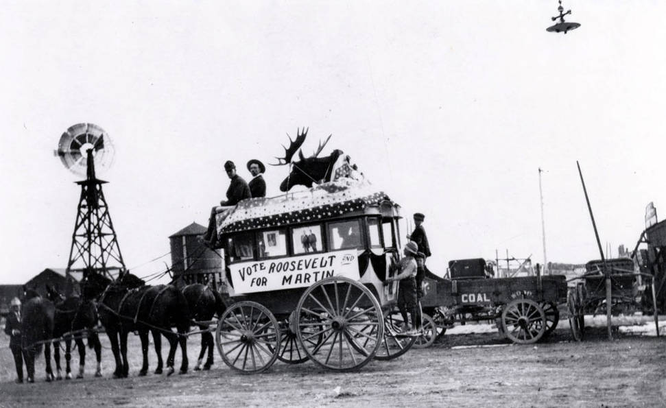 Bull Moose Party float being pulled by horses. Grangeville, Idaho.
