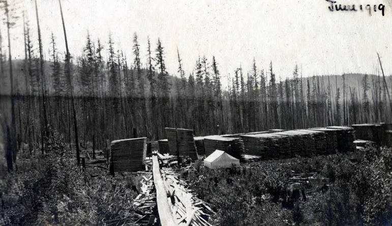 Schmidt Brothers Lumber Co. lumber yard and flume. Eileen, Idaho.