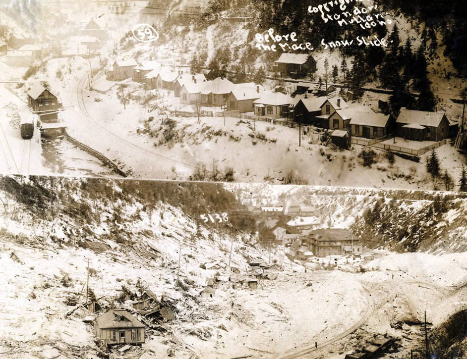 View of Mace, Idaho before and after the snowslide.