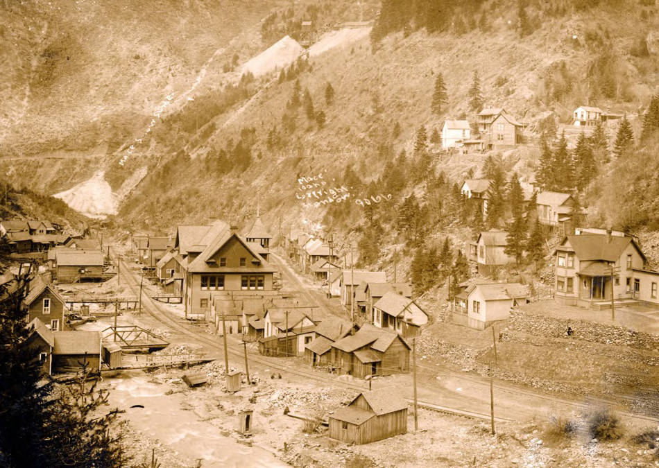 View of Mace, Idaho showing the snowslide in the background.