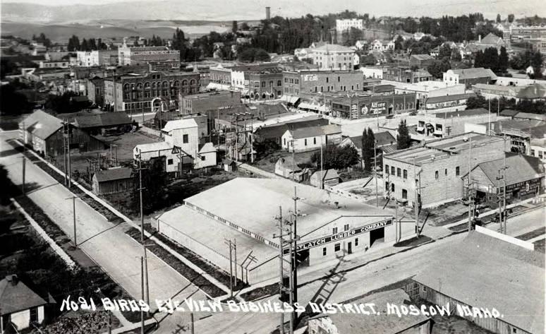 Birdseye view of business district from corner of 6th and Jackson Streets. Moscow, Idaho.