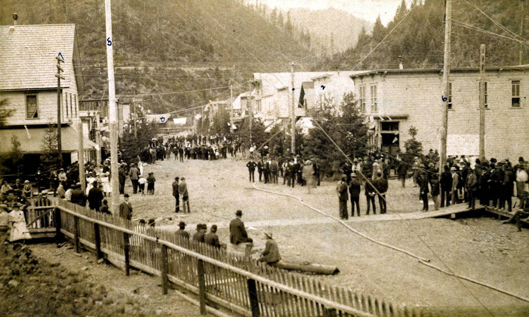 View of 6th Street, looking north after 4th of July horse race. Wallace, Idaho.