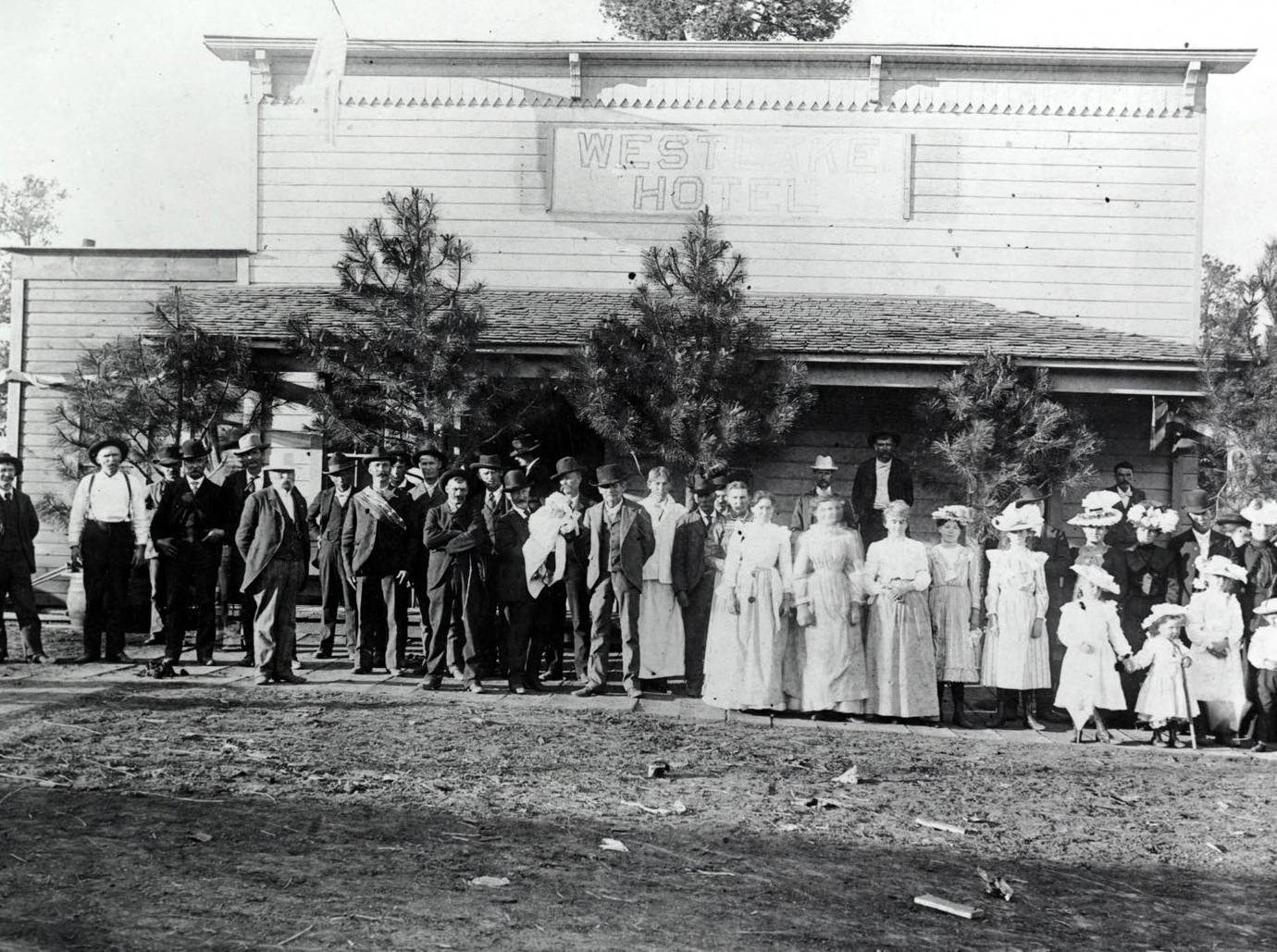 Group gathered in front of Westlake Hotel for camp meeting. Westlake, Idaho.